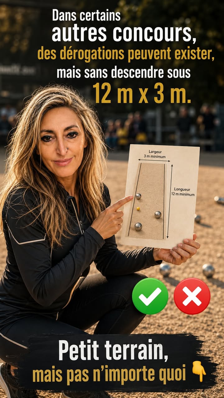 Quiz Paquita : Dérogations possibles, mais jamais sous 12 m x 3 m. ✅ ou ❌ - photo Facebook PetanqueLand