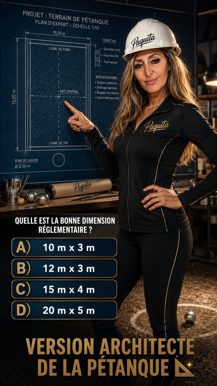 Quiz Paquita : Sur un terrain delimite en competition nationale ou internationale, quelle dimension minimum faut-il - photo Facebook PetanqueLand