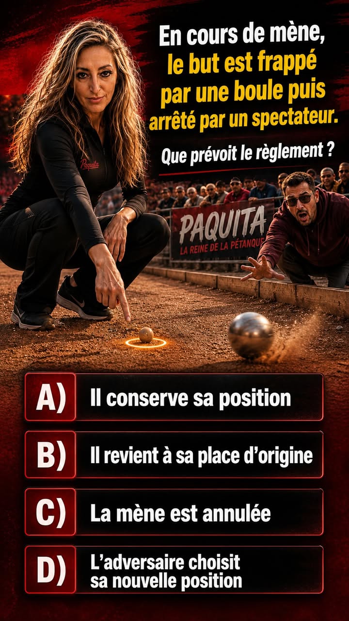 Quiz Paquita : En cours de mène, le but est frappé par une boule puis arrêté accidentellement par un spectateur. Que prévoit le règlement