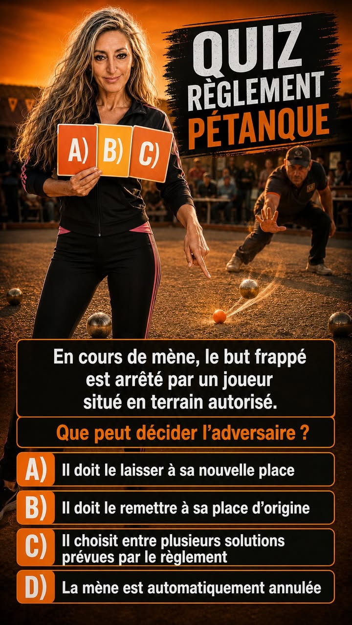 Quiz Paquita : En cours de mène, le but frappé est arrêté par un joueur situé en terrain autorisé. Que peut décider l’adversaire selon le règlement