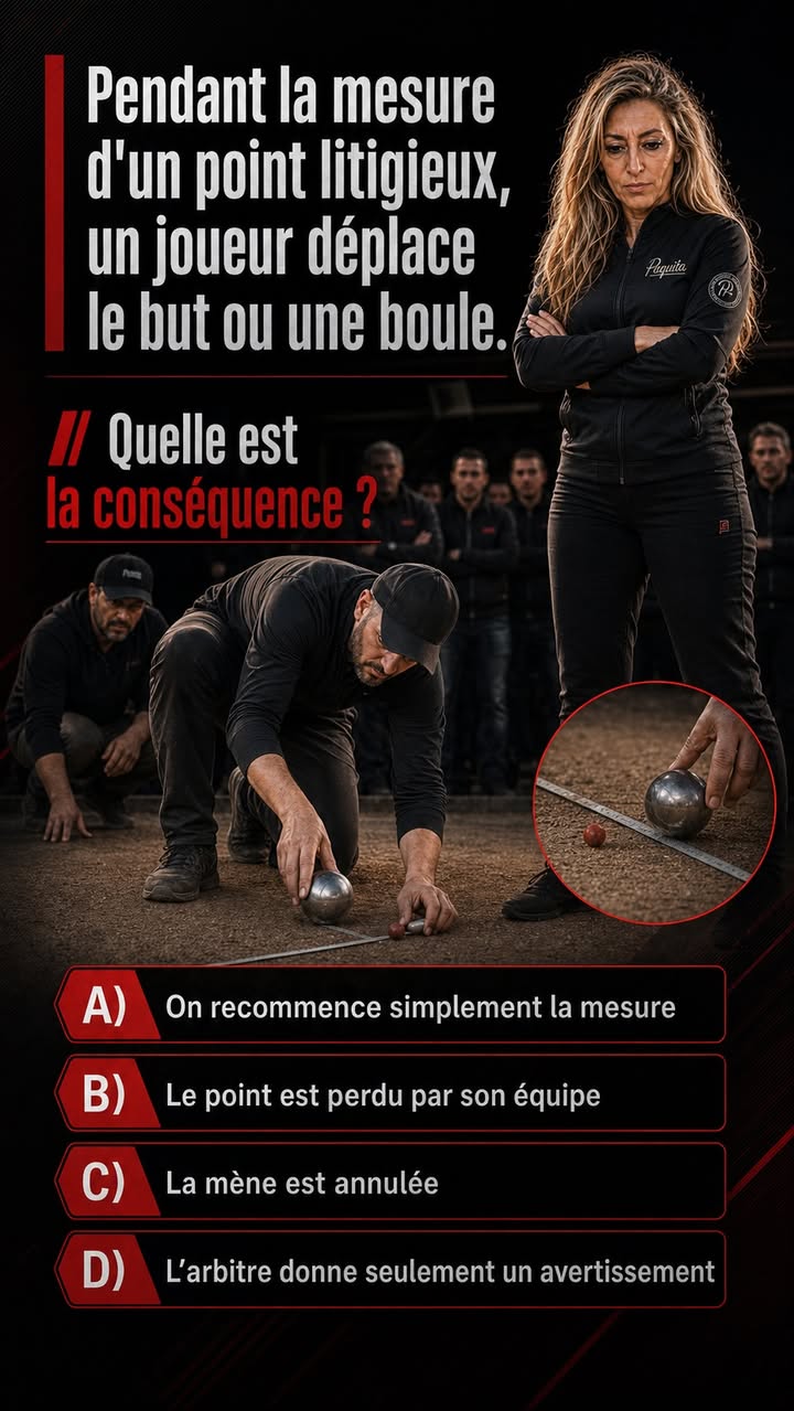 Quiz Paquita : Pendant la mesure d’un point litigieux, un joueur déplace le but ou une boule. Quelle est la conséquence selon le règlement