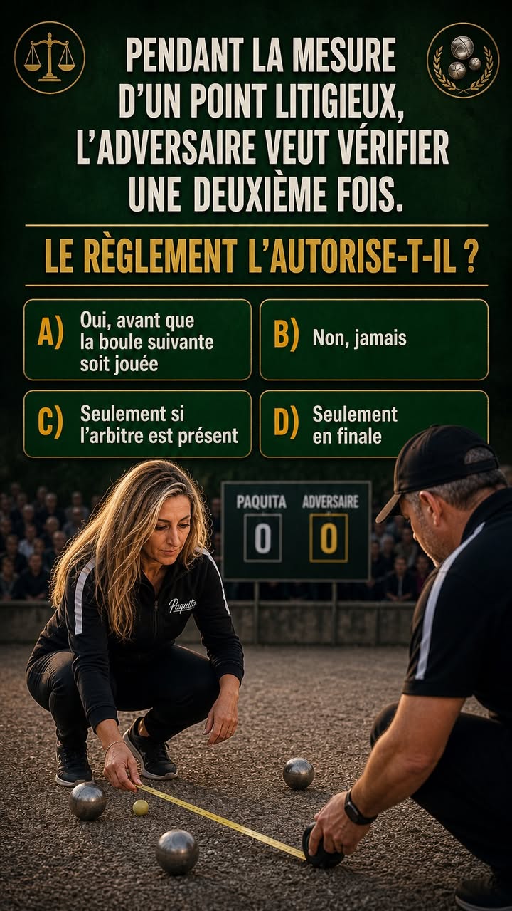 Quiz Paquita : Pendant la mesure d’un point litigieux, l’adversaire veut vérifier une deuxième fois. Le règlement l’autorise-t-il