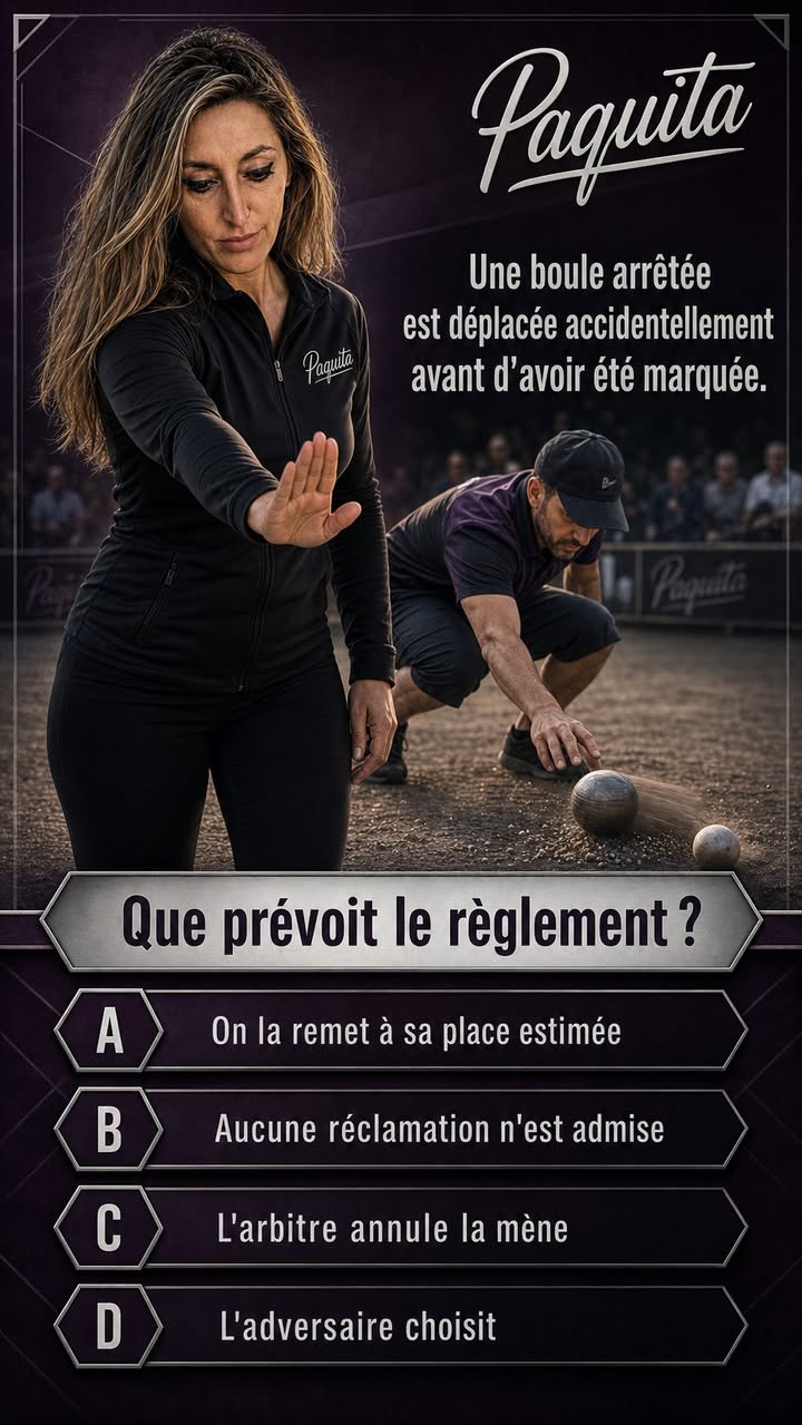 Quiz Paquita : Une boule arrêtée est déplacée accidentellement avant d'avoir été marquée. Quelle décision prévoit le règlement