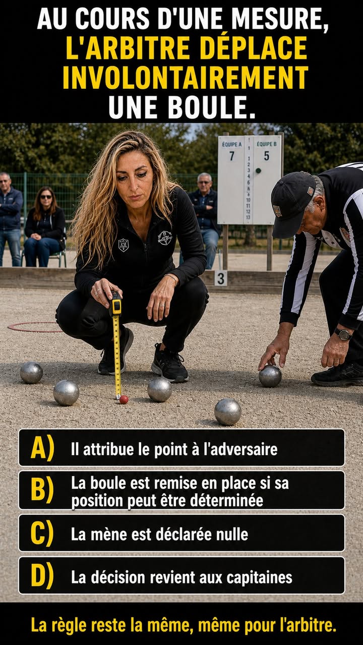 Quiz Paquita : Au cours d'une mesure, l'arbitre déplace involontairement une boule. Quelle décision prévoit le règlement